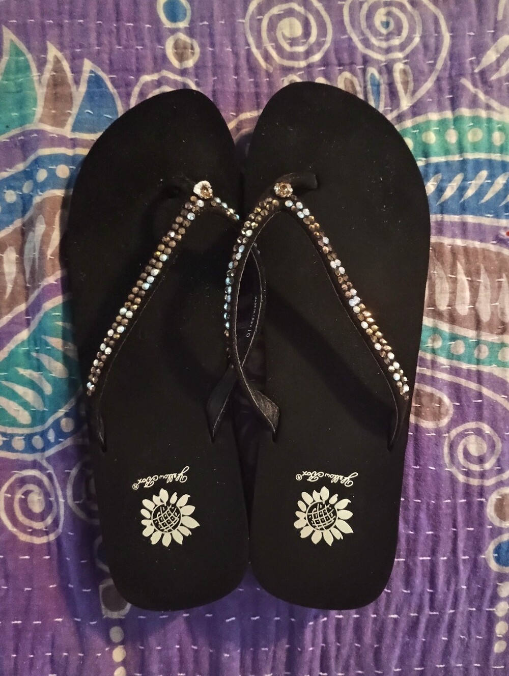 Yellow Box Black Jeweled Flip Flop Sandals